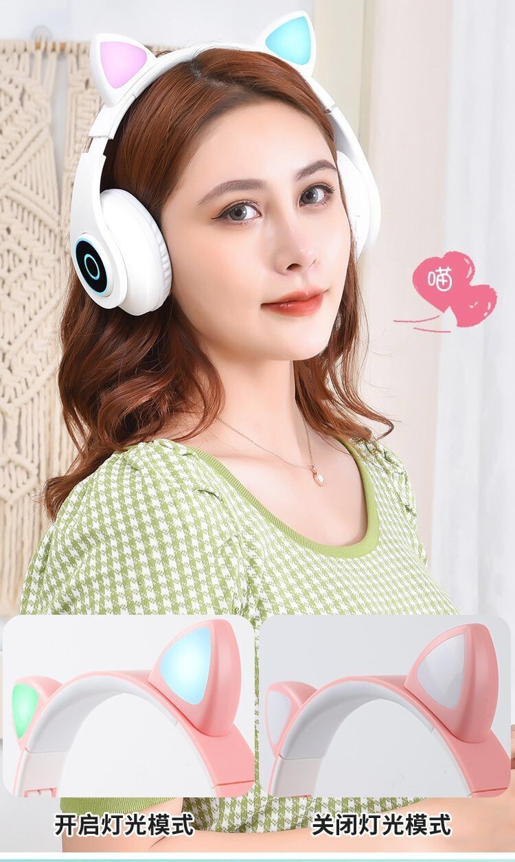 New internet-famous bestseller: Colorful glowing cat ear Bluetooth headphones, cross-border wireless over-ear headphones with stereo sound detail image 2