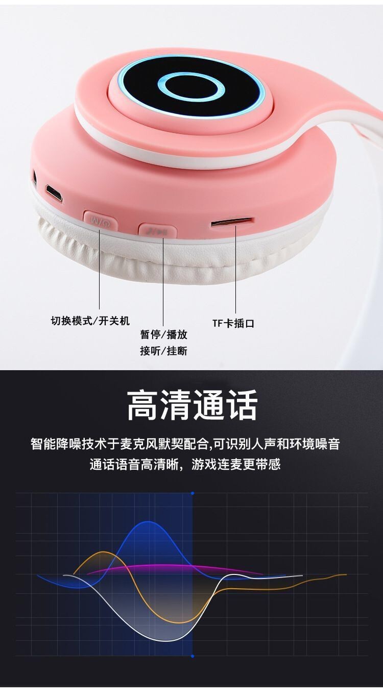 New internet-famous bestseller: Colorful glowing cat ear Bluetooth headphones, cross-border wireless over-ear headphones with stereo sound detail image 9