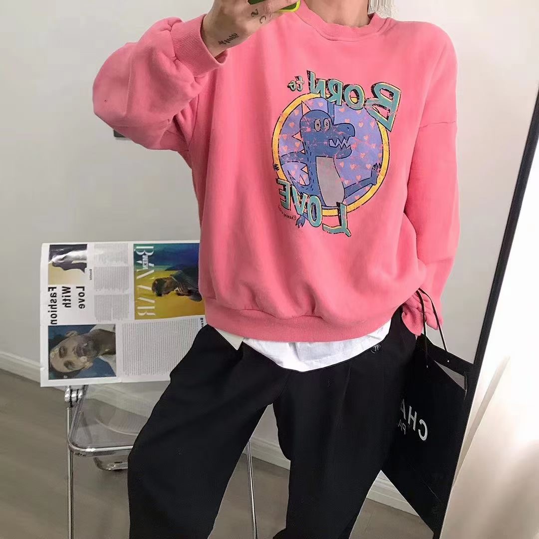 套头卫衣宽松韩版时尚短款休闲粉色恐龙