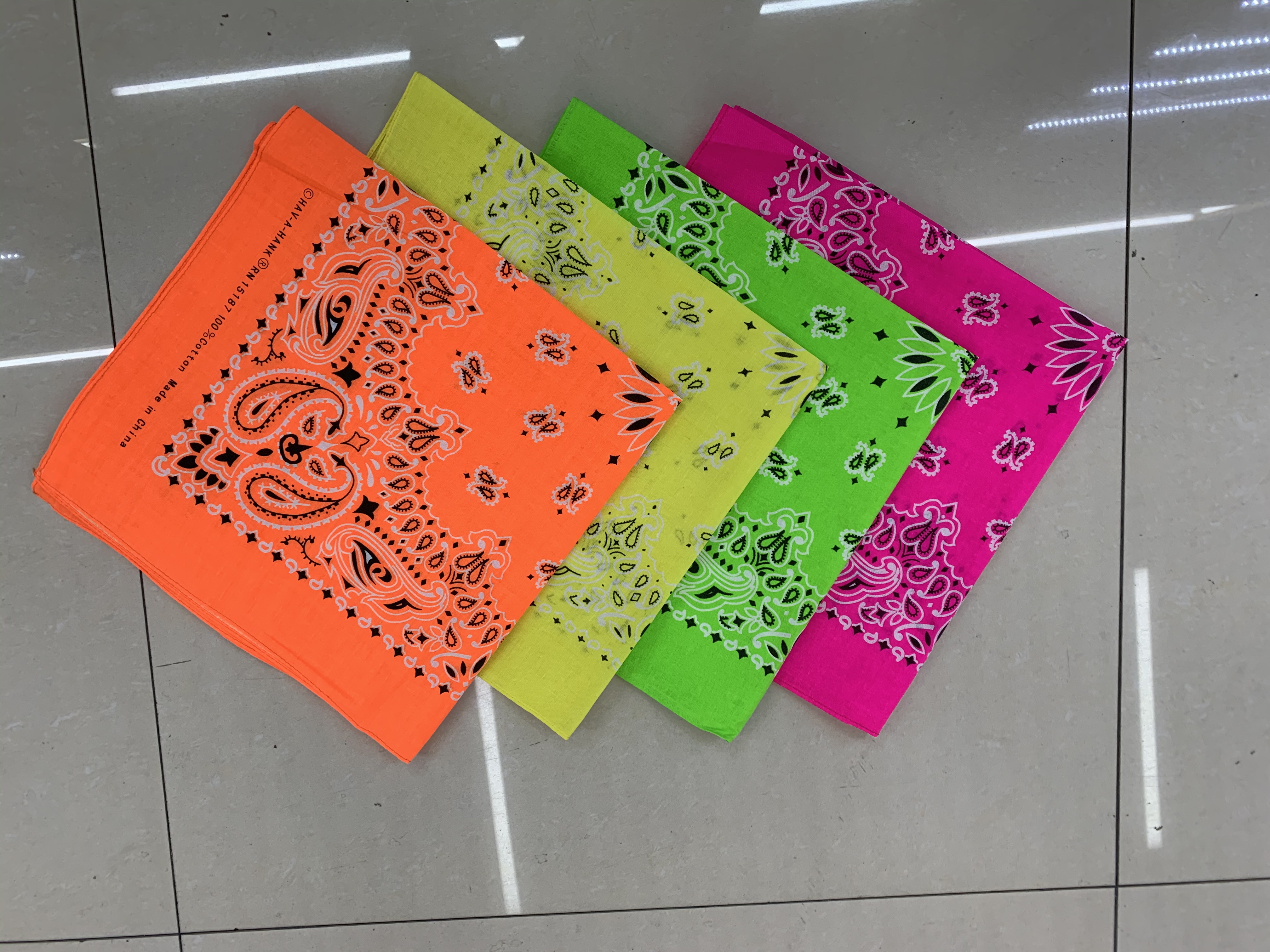 全棉头巾双腰果太阳花炫彩荧光橘色方巾详情图1