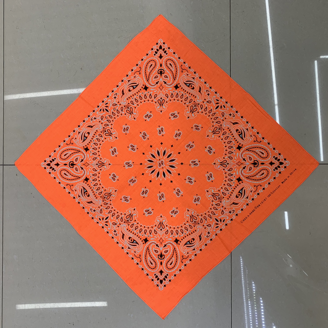 全棉头巾双腰果太阳花炫彩荧光橘色方巾