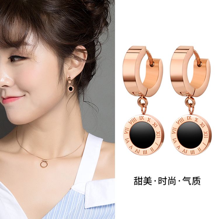 Stylish titanium steel earring Roman numeral black round earrings versatile earrings 18K rose gold jewelry female gift thumbnail