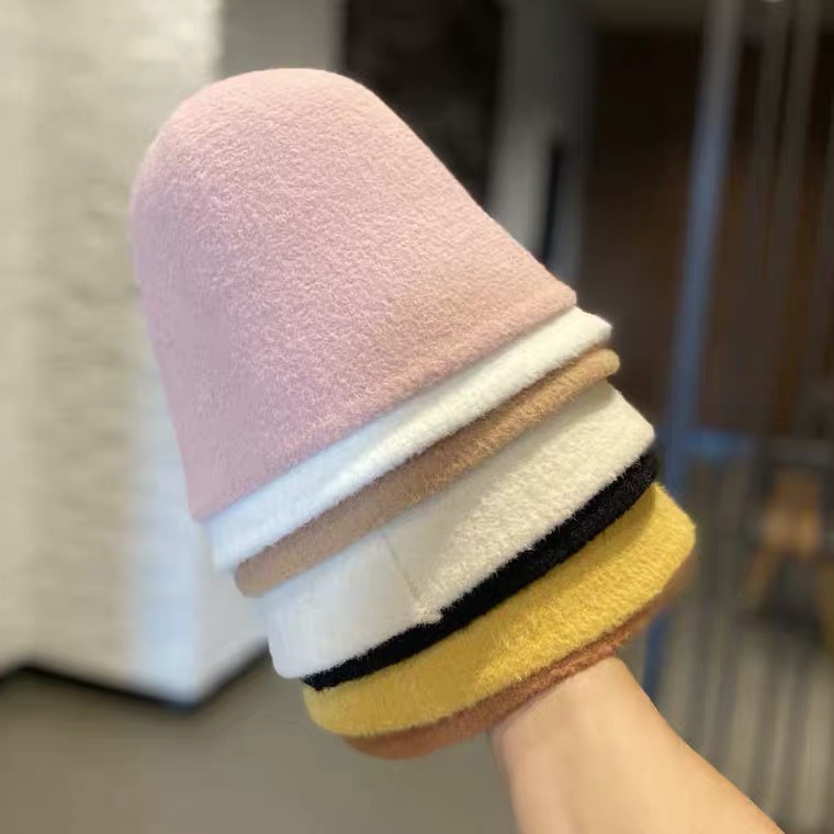 ins Autumn and winter woolen bucket fisherman hat for women, solid color, versatile, Japanese and British retro style, face-enhancing small basin hat trend undefined