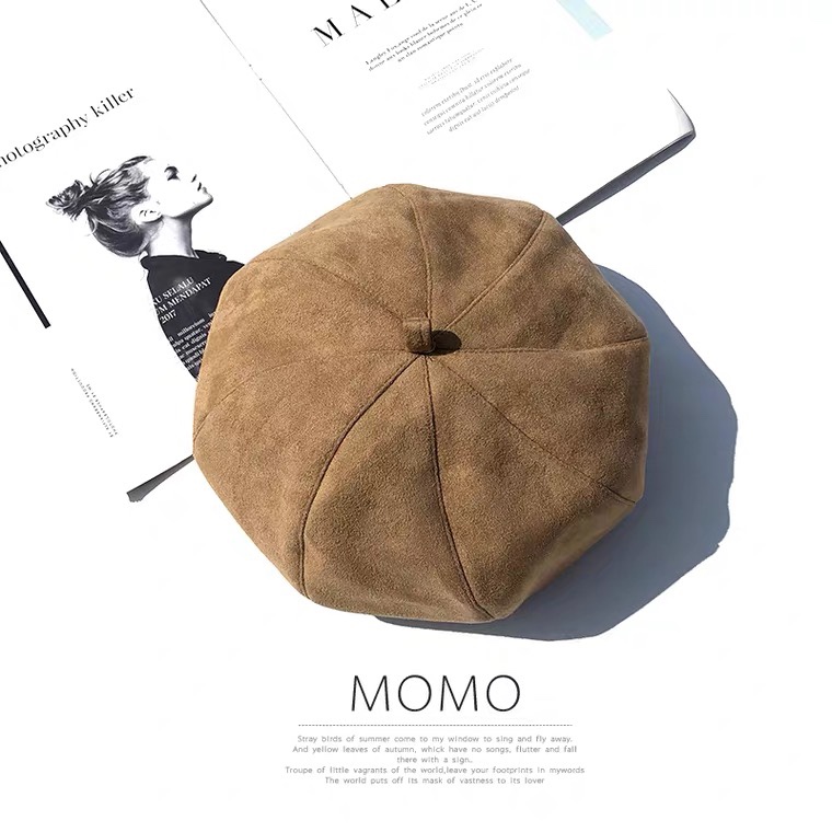Deerskin velvet beret, women's autumn and winter octagonal hat, Korean version, Japanese style, versatile British pumpkin hat, trendy and fashionable, street chic painter hat Specification image