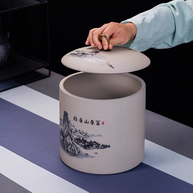 陶瓷茶饼茶叶罐 粗陶七子饼大号醒茶缸 357g普洱白茶七饼装储存罐细节图