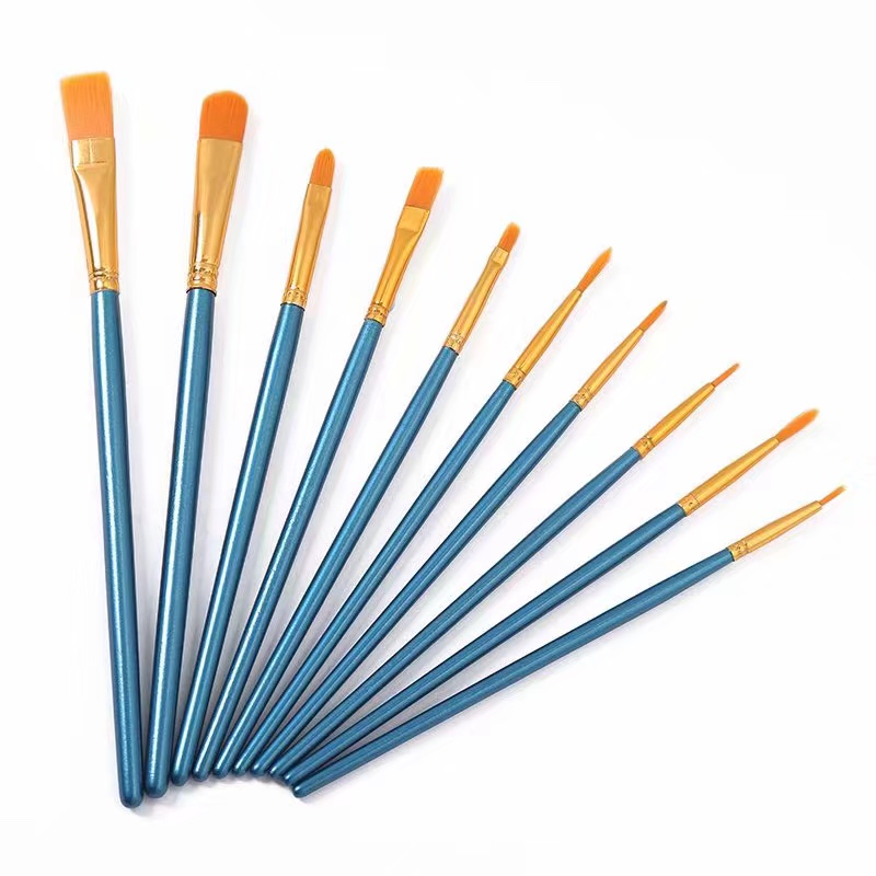 跨境专供，10支珠光蓝油画笔，尼龙毛丙烯水彩油画笔套装细节图