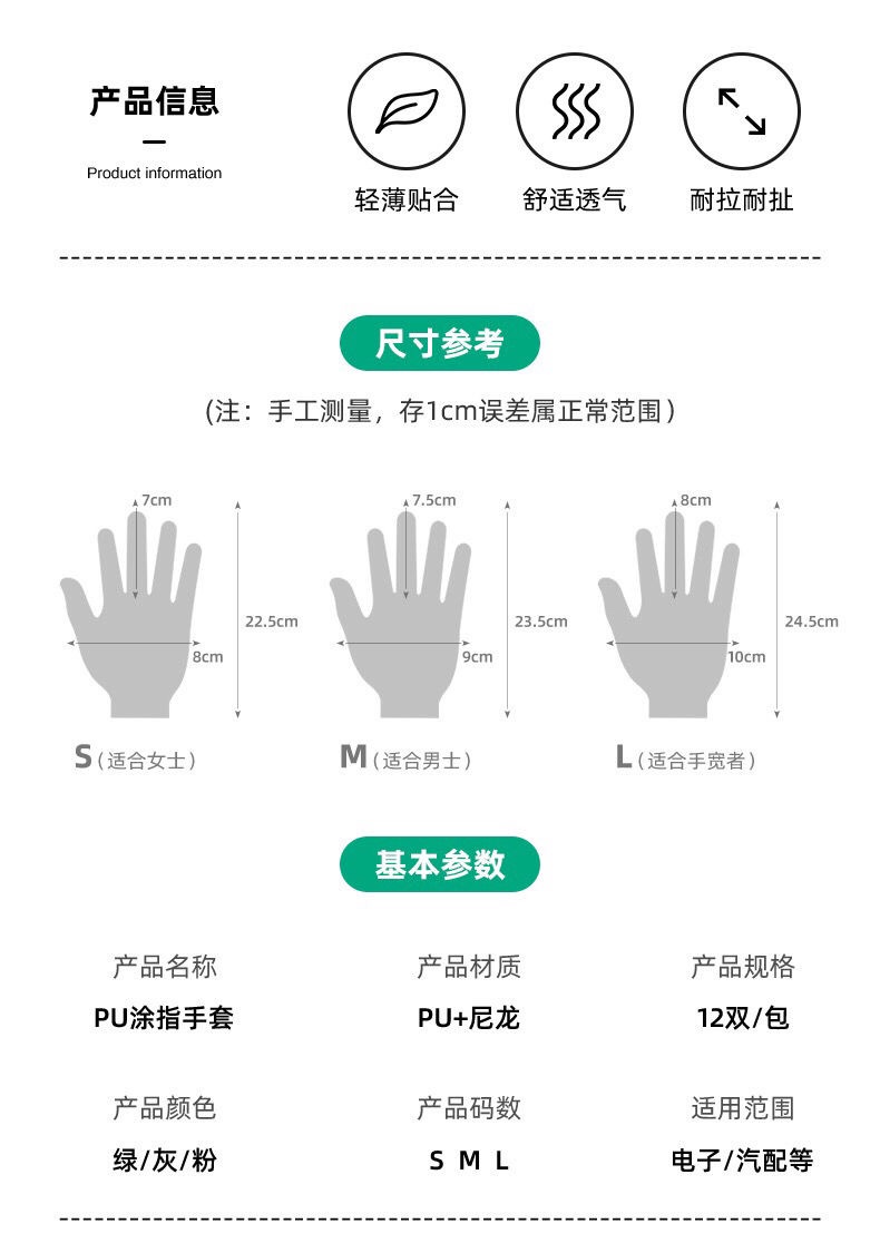 【正品12付装】薄款尼龙耐磨防滑PU涂掌涂指手套涂胶劳保工作手套详情图1