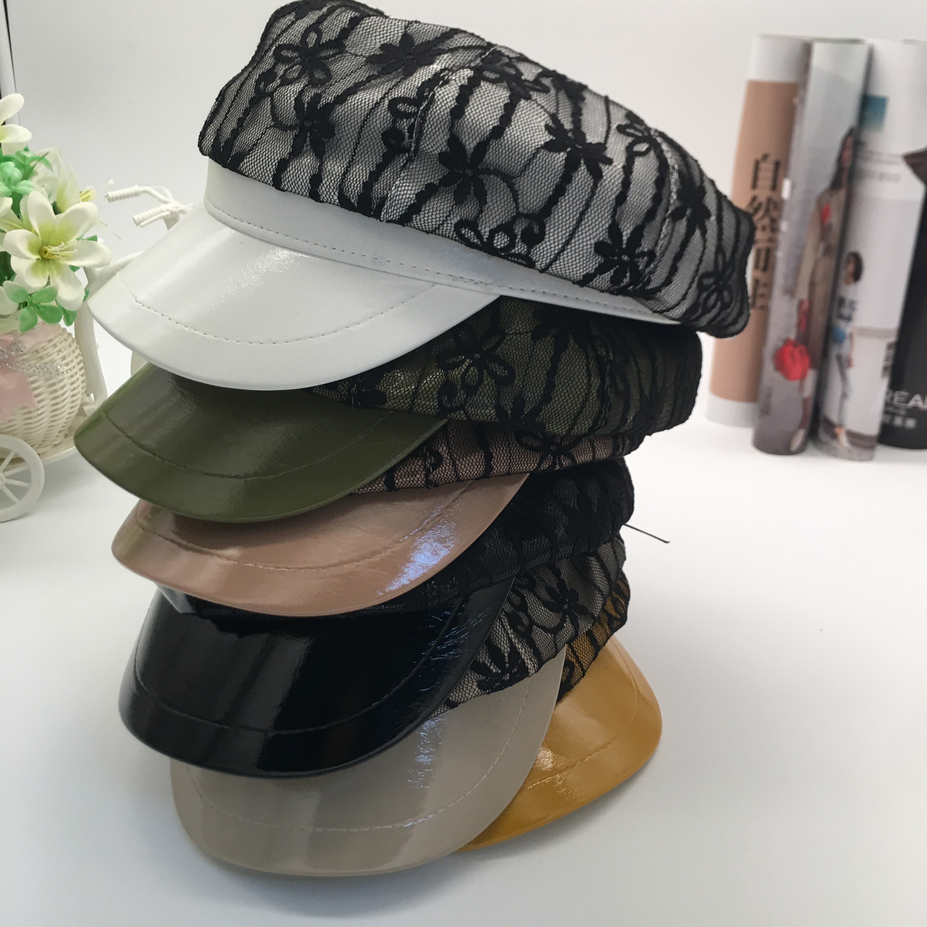 The octagonal hat female autumn and winter Korean style Instagram versatile pu leather lace patchwork British retro trendy beret undefined