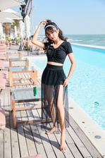 9337黑色分体时尚网纱长沙滩裙韩版小清新温泉女士泳衣