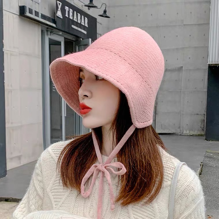 Cashmere drawstring fisherman's hat for women, autumn and winter, Korean style, trendy, Japanese style, cute and face-enhancing, small knitted, fresh and simple, French small brim basin hat undefined