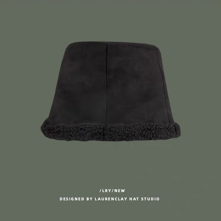 Japanese style women's autumn and winter new double-sided fisherman's hat, thickened suede warm solid color basin hat, lambskin bucket hat