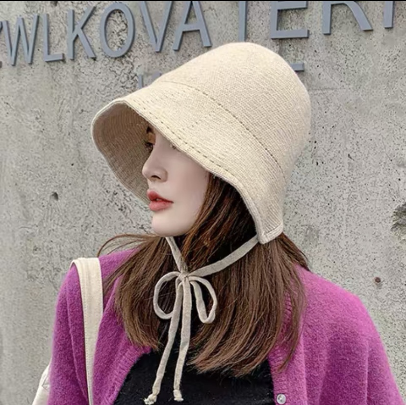 Cashmere drawstring fisherman's hat for women, autumn and winter, Korean style, trendy, Japanese style, cute and face-enhancing, small knitted, fresh and simple, French small brim basin hat Application Scenario