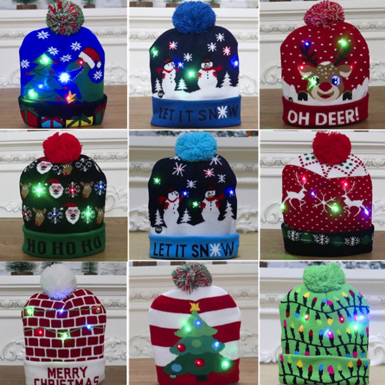 针织led发光圣诞帽 成人儿童通用款七彩发光针织毛线圣诞帽装饰品