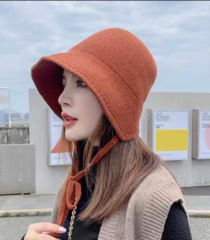Cashmere drawstring fisherman's hat for women, autumn and winter, Korean style, trendy, Japanese style, cute and face-enhancing, small knitted, fresh and simple, French small brim basin hat undefined