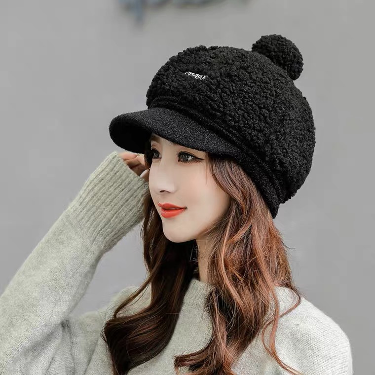 Women's autumn and winter sheepskin plush octagonal hat, warm and thick beret, Korean style versatile, duck tongue knitted hat trend detail image 1