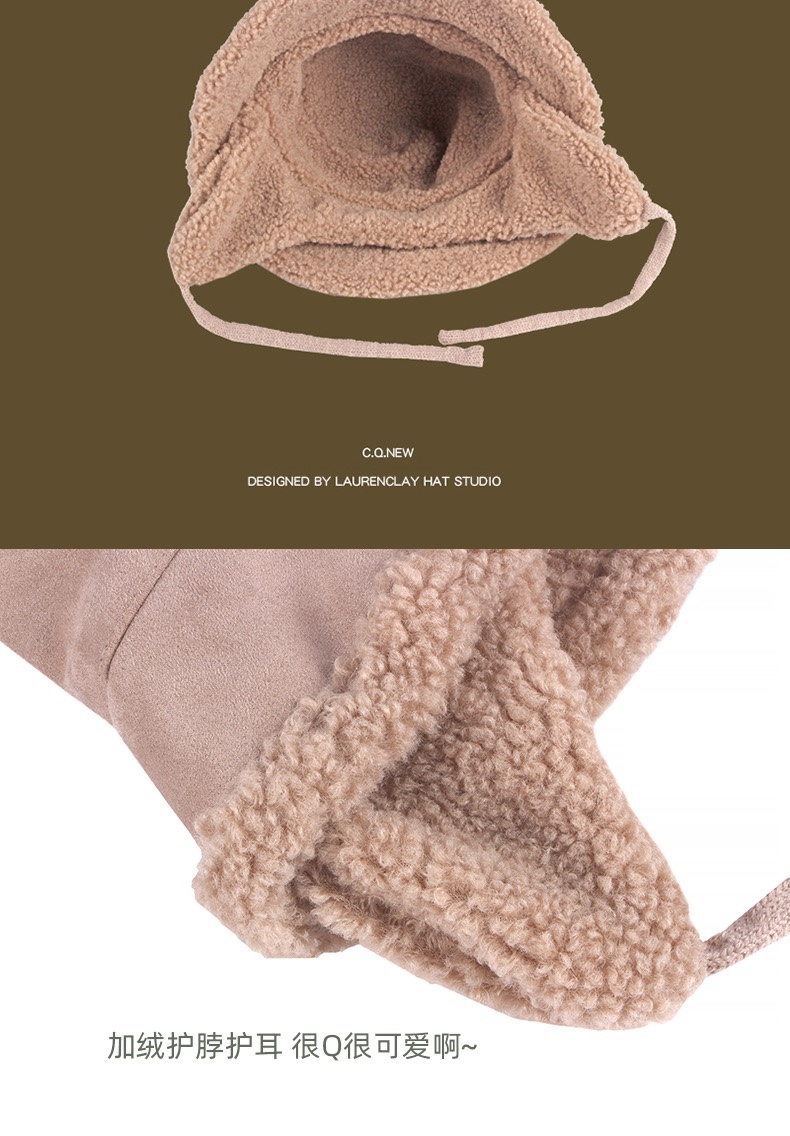 New autumn and winter Japanese niche double-sided fisherman's hat, thickened suede and lambskin for women, warm, ear-protecting and neck-protecting cute basin hat detail image 6