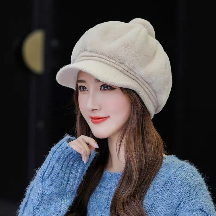 A Korean-style trendy and fashionable hat for women in autumn and winter, with thickened fleece and warmth, is a versatile winter accessory. It features a plush duck tongue knitted woolen cap Specification image