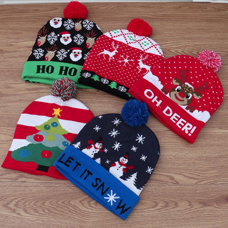 针织led发光圣诞帽 成人儿童通用款七彩发光针织毛线圣诞帽装饰品细节图