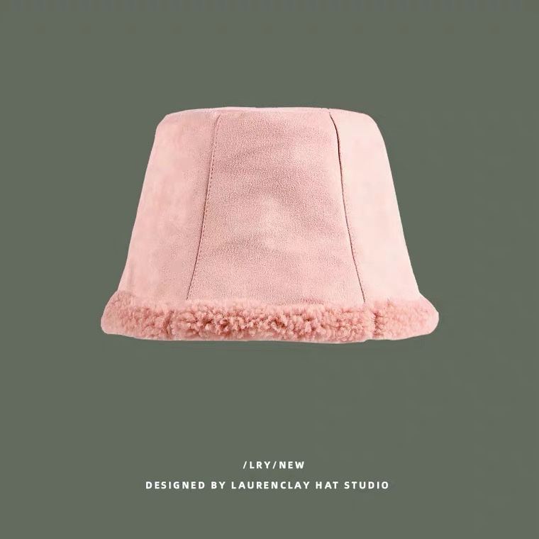 Japanese style women's autumn and winter new double-sided fisherman's hat, thickened suede warm solid color basin hat, lambskin bucket hat Specification image