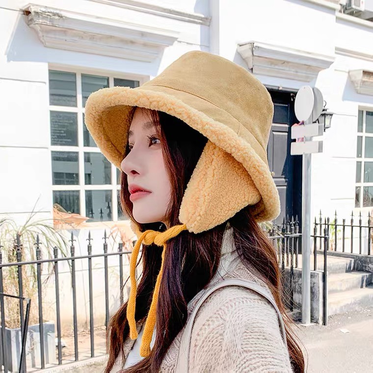 New autumn and winter Japanese niche double-sided fisherman's hat, thickened suede and lambskin for women, warm, ear-protecting and neck-protecting cute basin hat Specification image