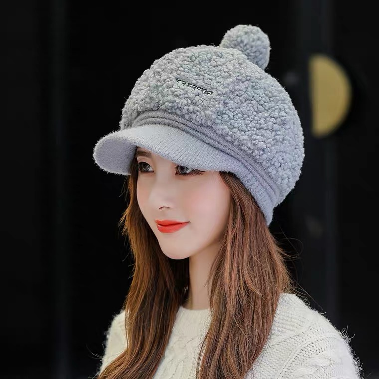Women's autumn and winter sheepskin plush octagonal hat, warm and thick beret, Korean style versatile, duck tongue knitted hat trend detail image 2