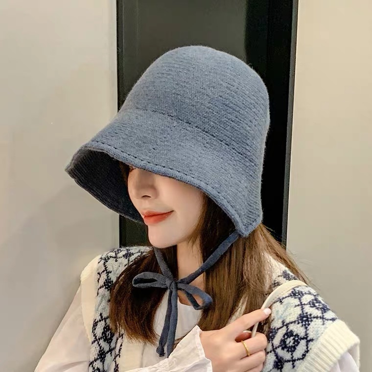 Cashmere drawstring fisherman's hat for women, autumn and winter, Korean style, trendy, Japanese style, cute and face-enhancing, small knitted, fresh and simple, French small brim basin hat Item Picture
