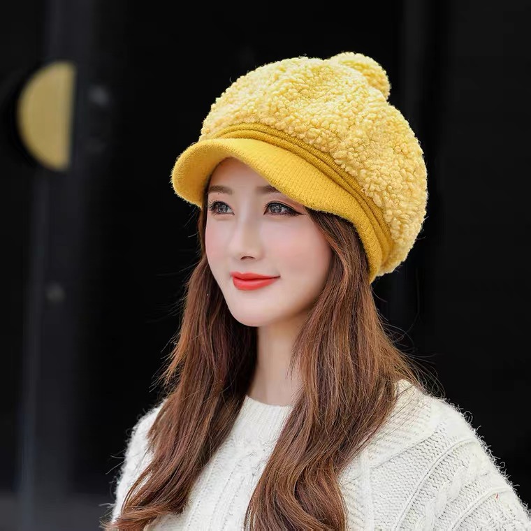 Women's autumn and winter sheepskin plush octagonal hat, warm and thick beret, Korean style versatile, duck tongue knitted hat trend detail image 5