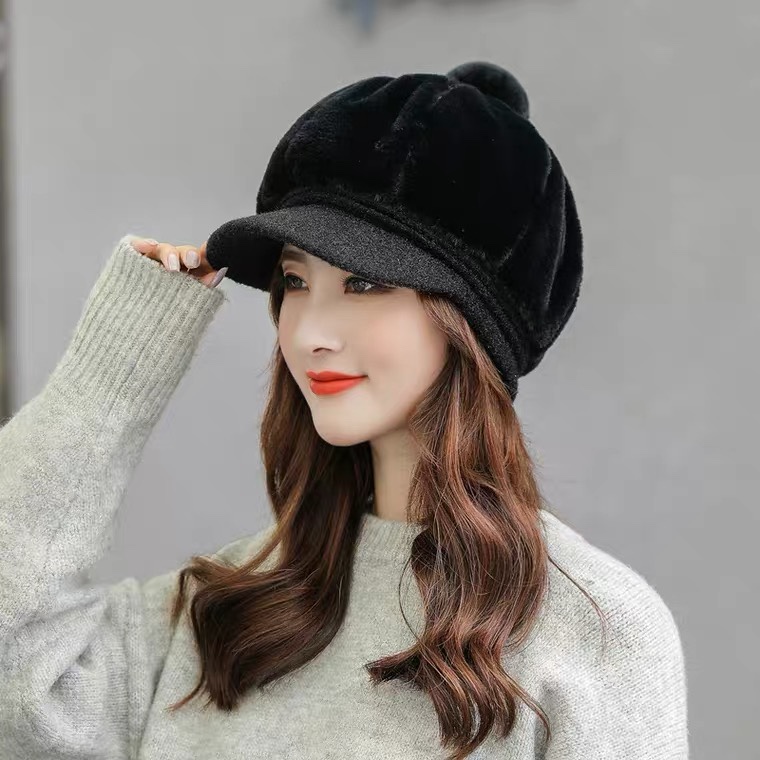 A Korean-style trendy and fashionable hat for women in autumn and winter, with thickened fleece and warmth, is a versatile winter accessory. It features a plush duck tongue knitted woolen cap details Picture