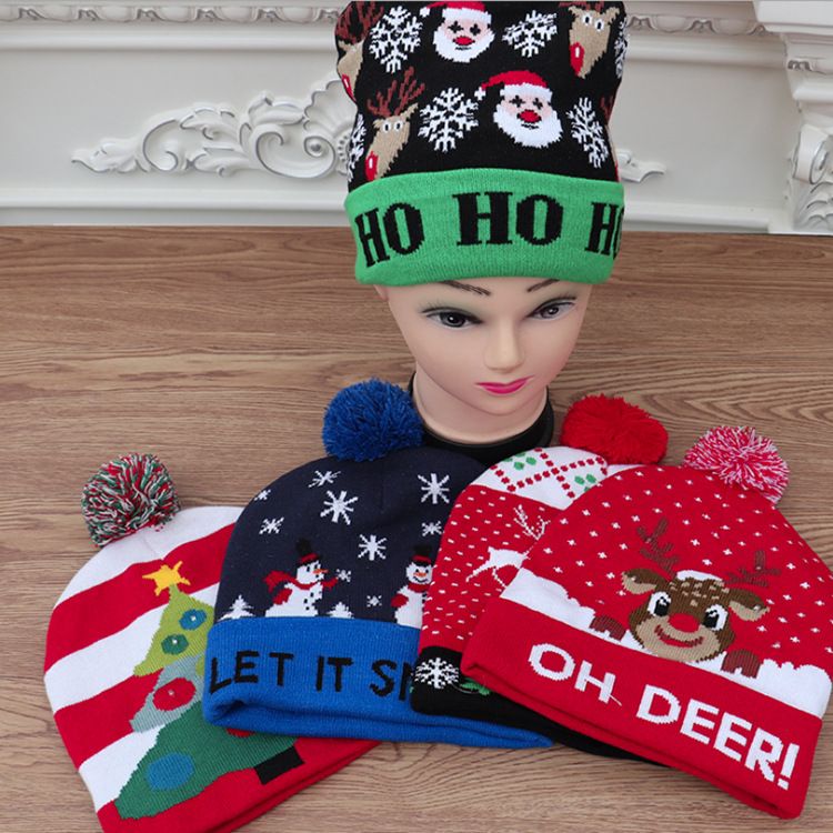 针织led发光圣诞帽 成人儿童通用款七彩发光针织毛线圣诞帽装饰品产品图