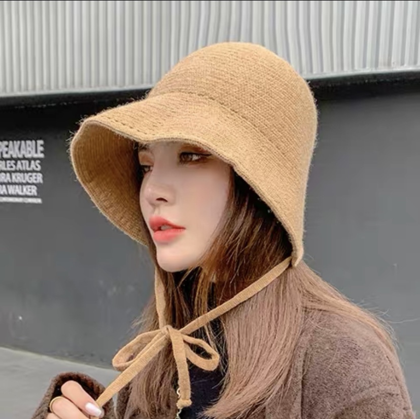 Cashmere drawstring fisherman's hat for women, autumn and winter, Korean style, trendy, Japanese style, cute and face-enhancing, small knitted, fresh and simple, French small brim basin hat Specification image