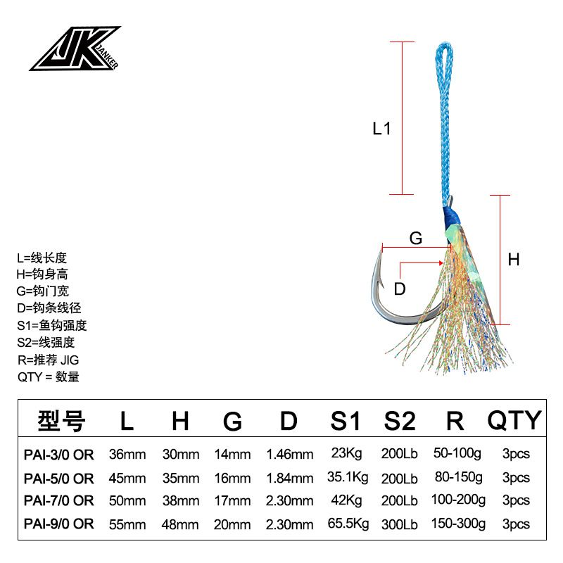 JK Slow-rocking luminous iron plate hook, deep-sea boat fishing anti-bite binding hook, fluorescent feather color Silk Road Asian single hook, false bait lead fishing hook Specification image