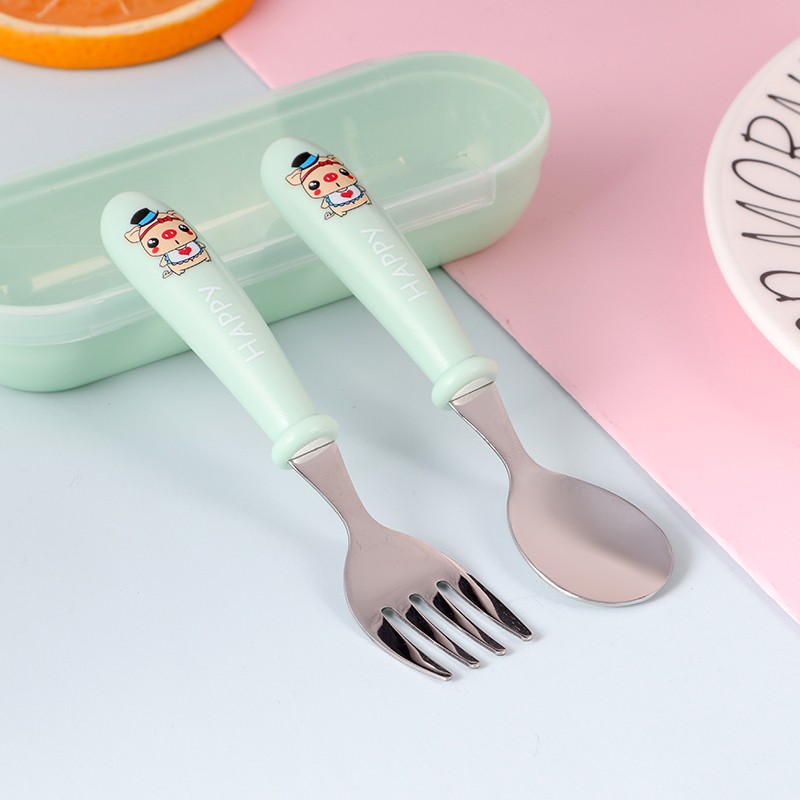 不锈钢勺子卡通儿童两件套勺子叉 子套装创意便携盒装餐具详情图9