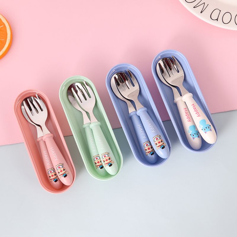 不锈钢勺子卡通儿童两件套勺子叉 子套装创意便携盒装餐具图