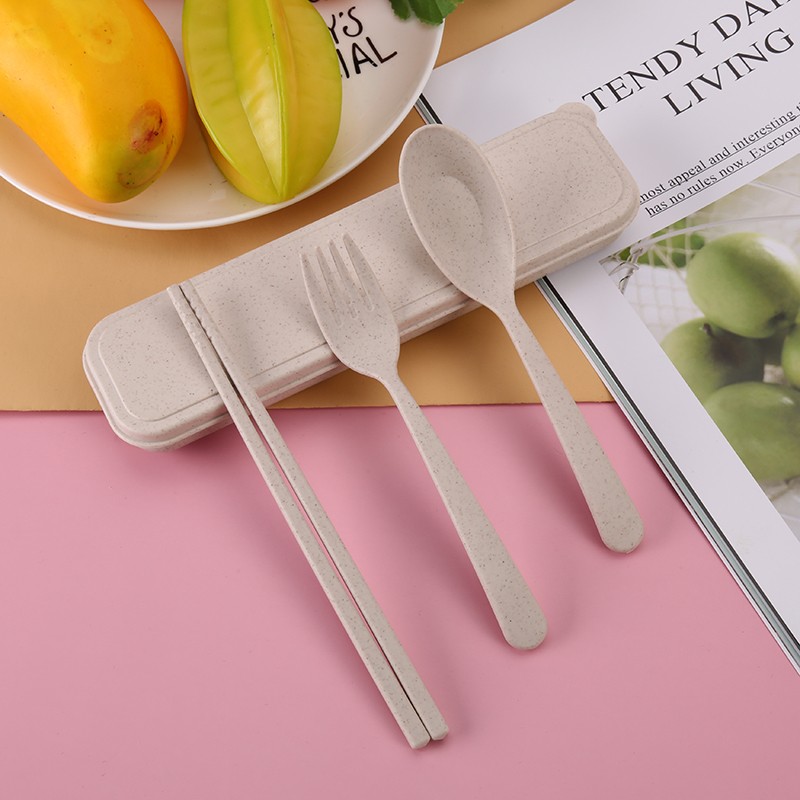 Wheat Straw Portable Cutlery Box Knife And Fork Set Plastic Knife And Fork Spoon Student Travel Three-Piece Wheat Cutlery Set Item Picture