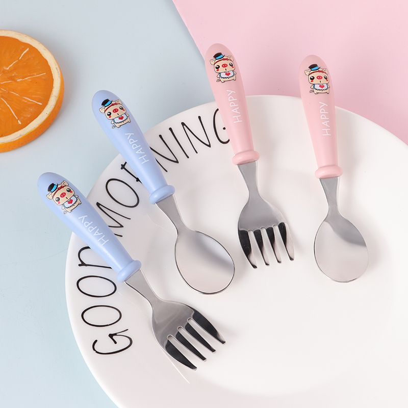 不锈钢勺子卡通儿童两件套勺子叉 子套装创意便携盒装餐具产品图