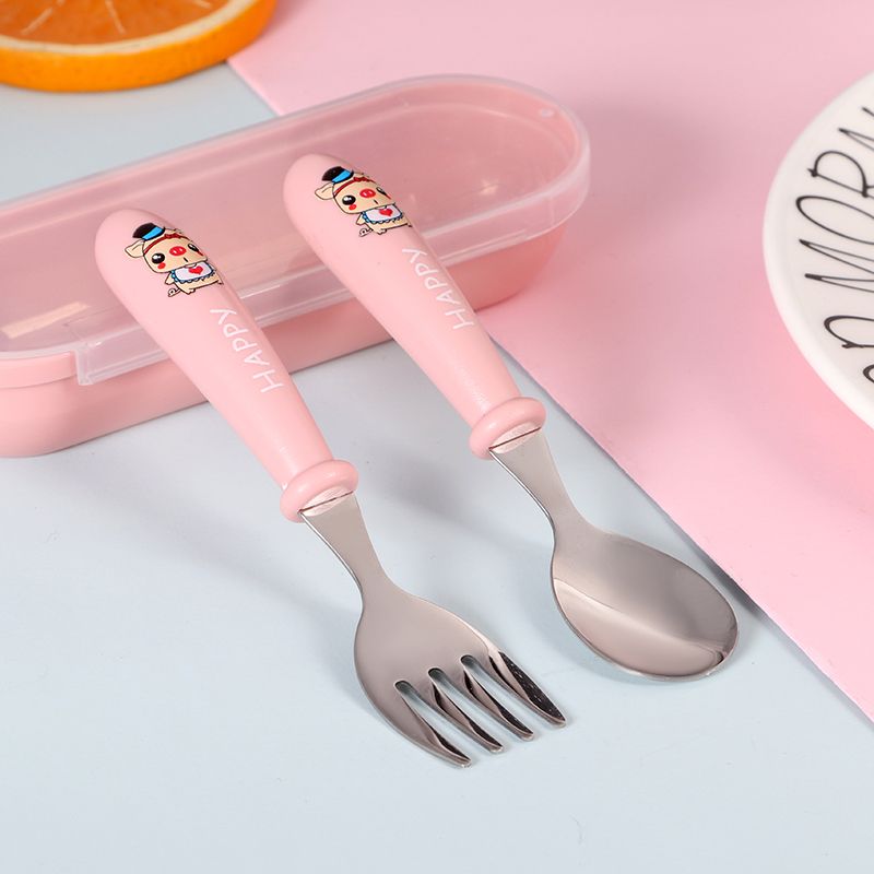 不锈钢勺子卡通儿童两件套勺子叉 子套装创意便携盒装餐具详情图6