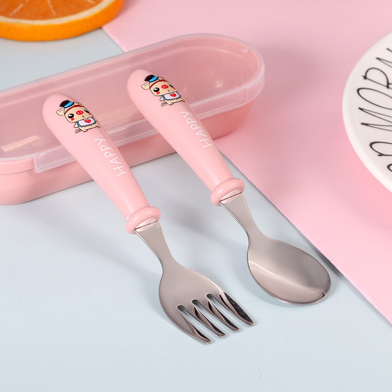 不锈钢勺子卡通儿童两件套勺子叉 子套装创意便携盒装餐具详情图8