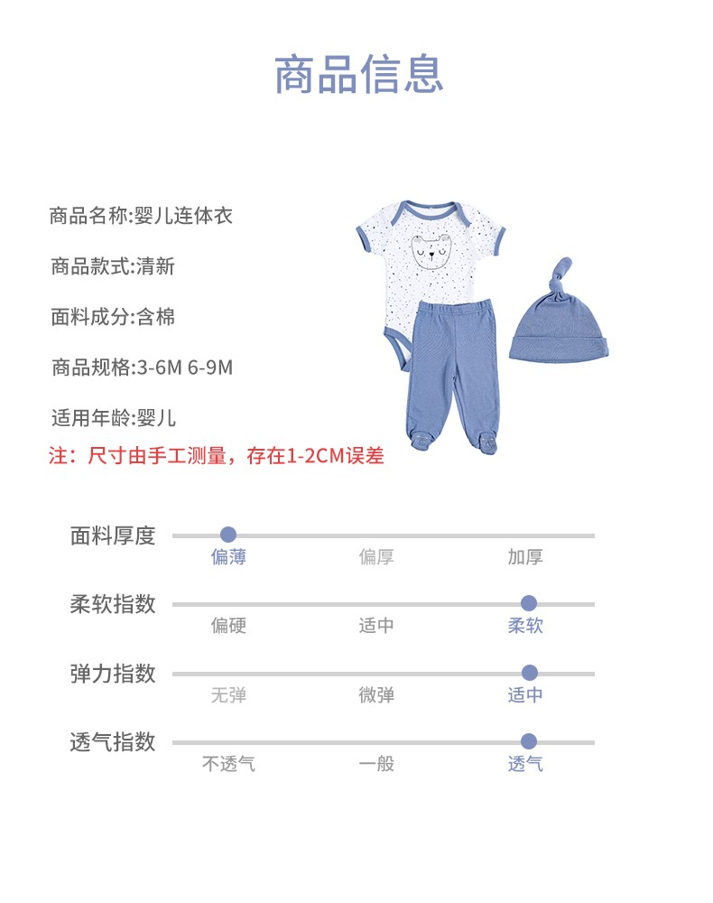 春夏季短袖棉婴儿三件套装连体衣 半袖欧美三角爬服 哈衣帽子长裤详情图1