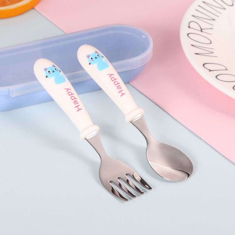 不锈钢勺子卡通儿童两件套勺子叉 子套装创意便携盒装餐具白底实物图