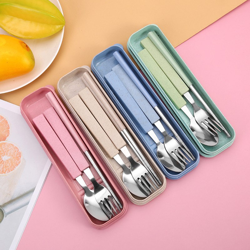 Wheat Tableware Set Wheat Straw Tableware Spoon Chopsticks Wholesale Two Sets Of Stainless Steel Three Sets Of Practical Gifts details Picture