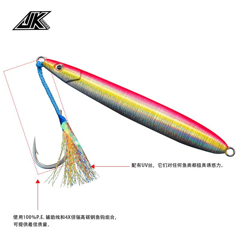 JK Slow-rocking luminous iron plate hook, deep-sea boat fishing anti-bite binding hook, fluorescent feather color Silk Road Asian single hook, false bait lead fishing hook Item Picture