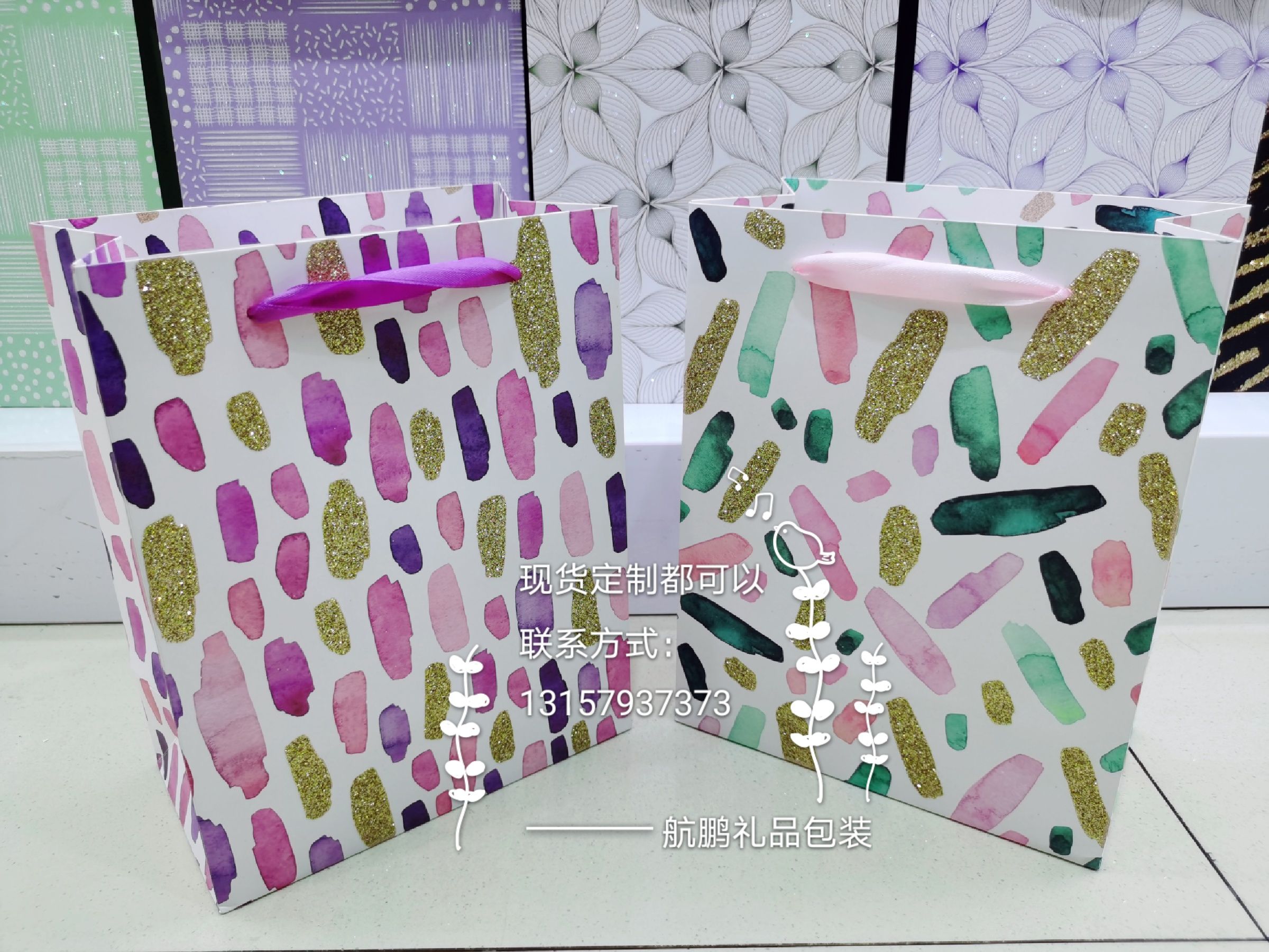 In-stock gift paper bags with handles, white card paper handbags, cartoon daily packaging bags, universal paper bags details Picture