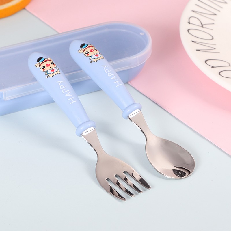 不锈钢勺子卡通儿童两件套勺子叉 子套装创意便携盒装餐具详情图6