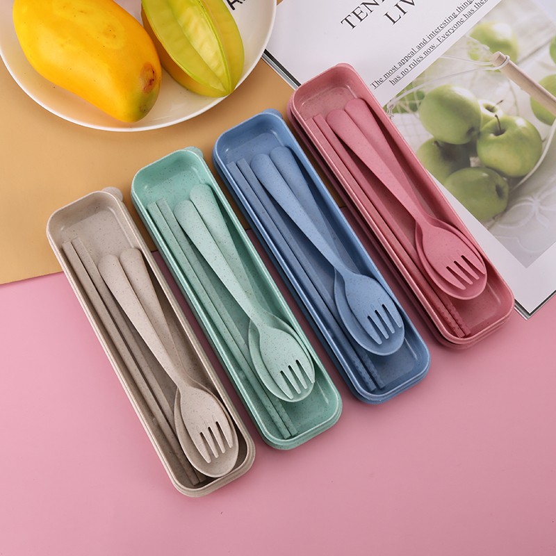 Wheat Straw Portable Cutlery Box Knife And Fork Set Plastic Knife And Fork Spoon Student Travel Three-Piece Wheat Cutlery Set Specification drawing