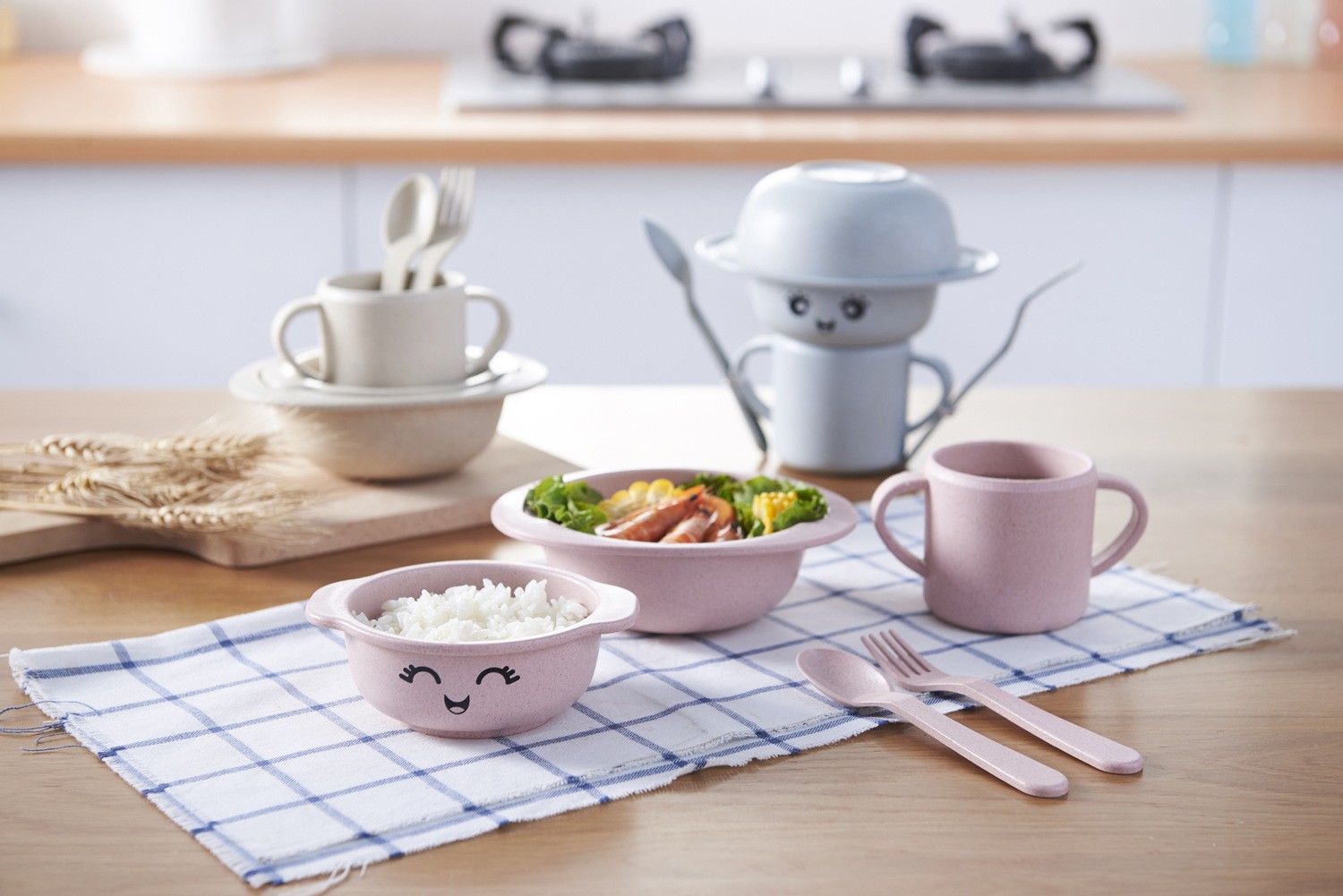 小麦秸秆儿童碗餐具套装卡通造型叉勺水果盘碗详情图9