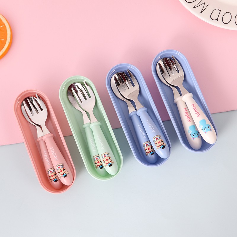 不锈钢勺子卡通儿童两件套勺子叉 子套装创意便携盒装餐具详情图3
