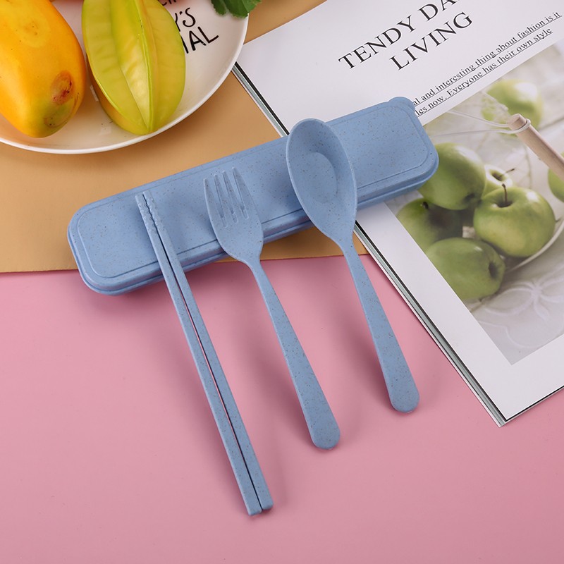 Wheat Straw Portable Cutlery Box Knife And Fork Set Plastic Knife And Fork Spoon Student Travel Three-Piece Wheat Cutlery Set undefined