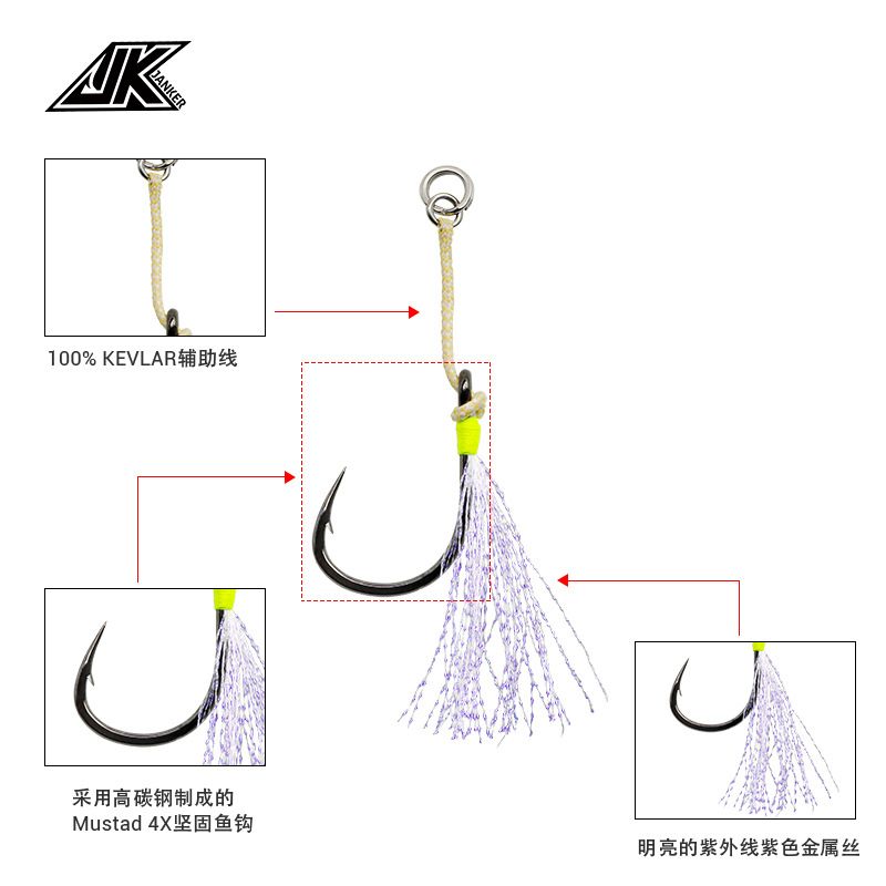 JK Slow-rocking luminous iron plate hook, deep-sea boat fishing tie hook, fluorescent feather colored wire single hook, anti-bite lure, lead fishing hook Specification image