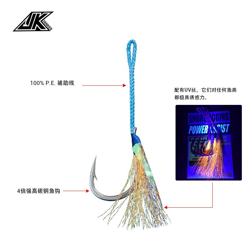JK Slow-rocking luminous iron plate hook, deep-sea boat fishing anti-bite binding hook, fluorescent feather color Silk Road Asian single hook, false bait lead fishing hook details Picture