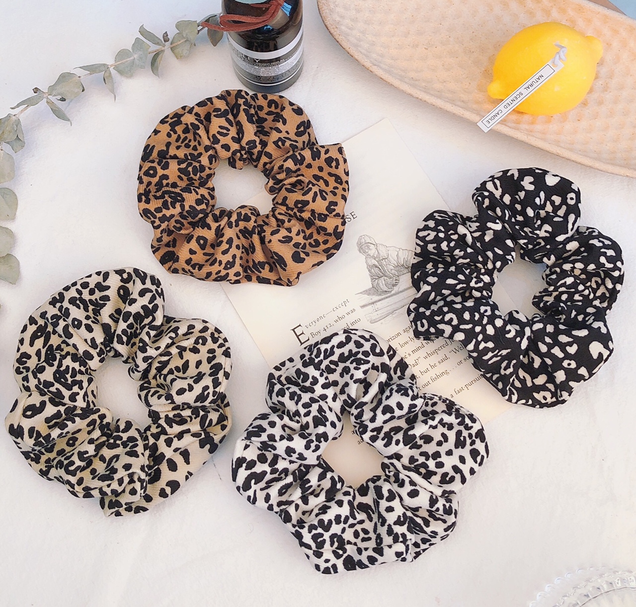 Large Hair Accessories Cotton Leopard Hair Band Network Red Ins Style Retro French Hair String Simple Leather Band Women's Crepe Pattern Cloth Circle Hair Rope